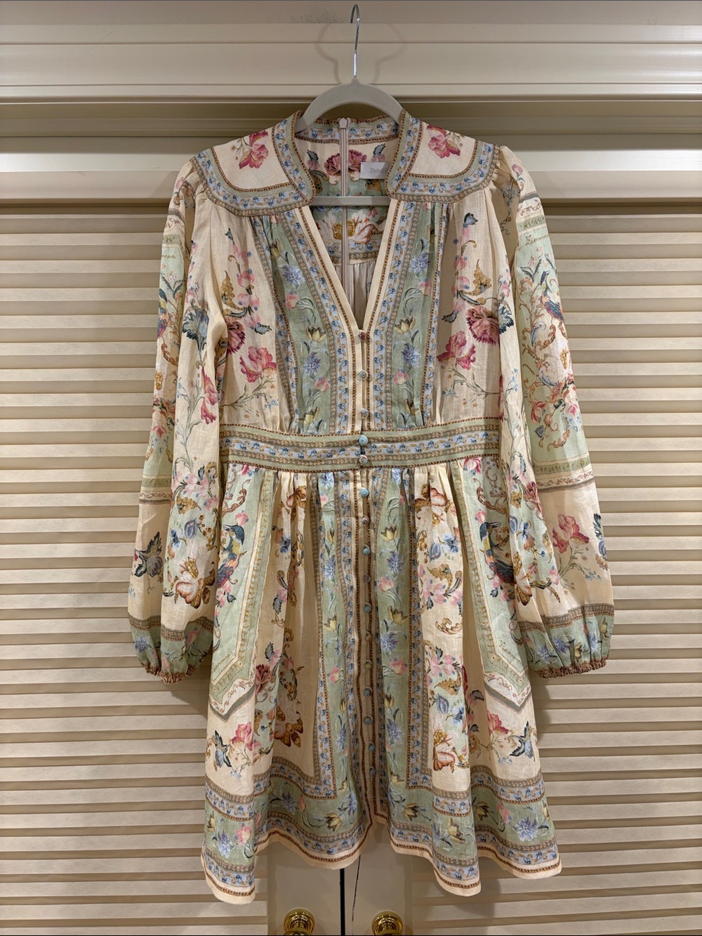 NWOT Zimmermann Floral Embroidered Cream & Sage Linen Mini Dress, Size AU 1 = S